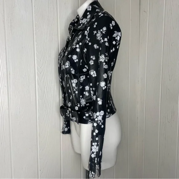 Michael Michael Kors Moto Jacket M Black White Flowers Floral Faux Leather - Picture 2 of 10